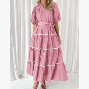 Pretty Garden Womens Summer Button Down Shirt Dress Short Puffy Sleeve Tiered